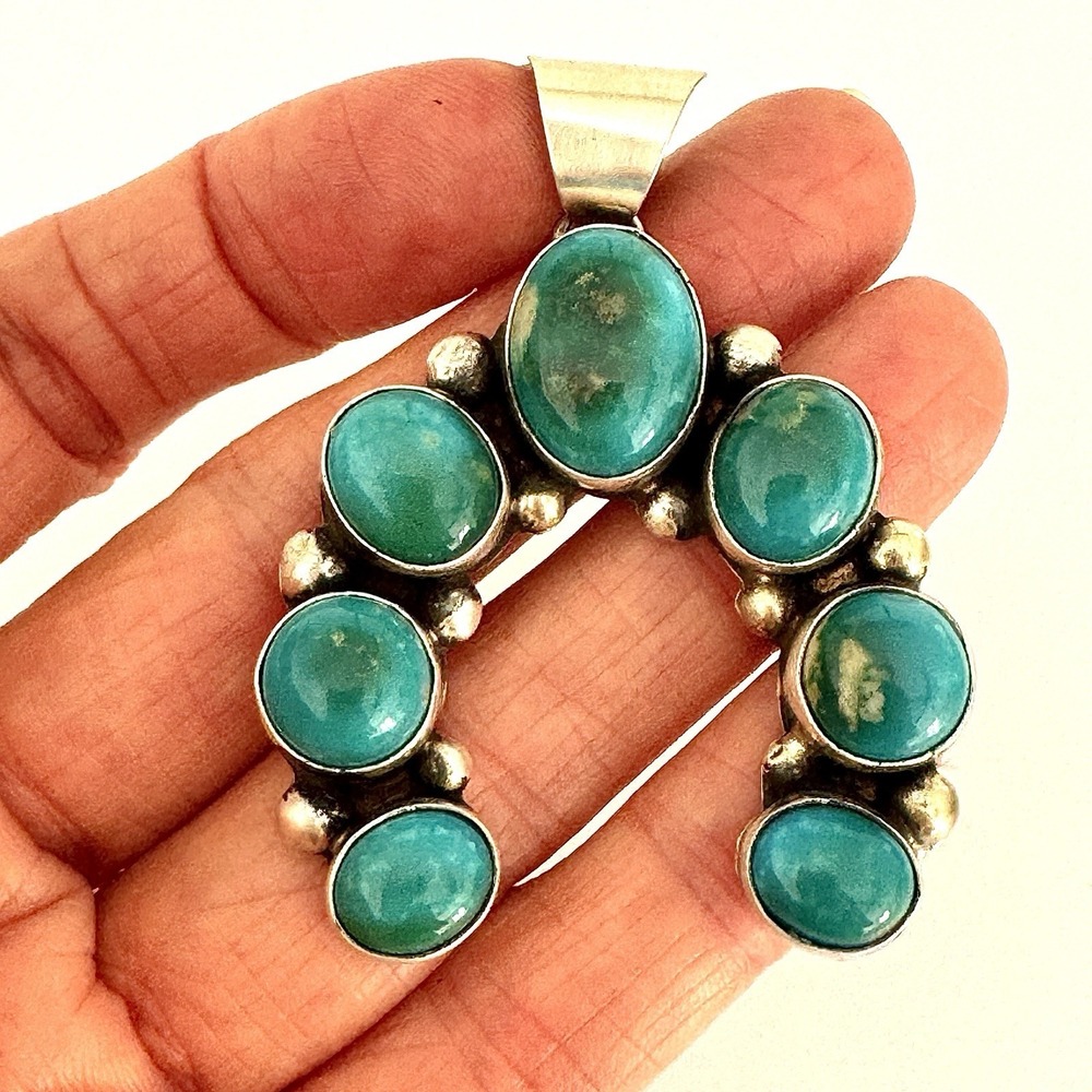Turquoise Naja Navajo Pendant 2.25in Signed Largo Sterling‎ Matte Squash Blossom